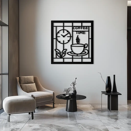 Coffee Time Metal Wall Art with Clock Design, wall decor featuring coffee cup and clock on Tampa Home & Garden Store