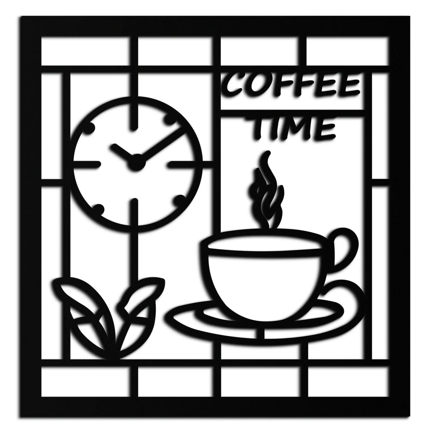 Coffee Time metal wall art by Enova Art with a clock design in black and white on Tampa Home & Garden Store