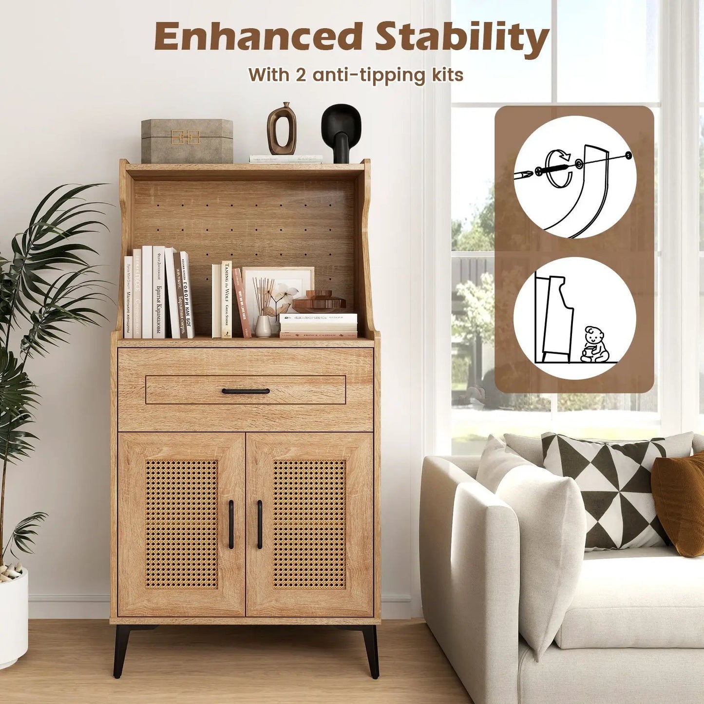 Coffee Bar Cabinet with Pegboard Storage Drawer DirectDeals oak cane panel doors on Tampa Home & Garden Store