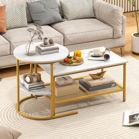 2-Tier coffee table with storage and matching side table, white marble tops, gold frames on Tampa Home & Garden Store