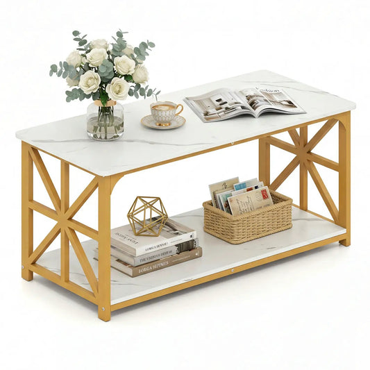 Coffee table 2-tier center table with white marble top and gold frame by DirectDeals on Tampa Home & Garden Store