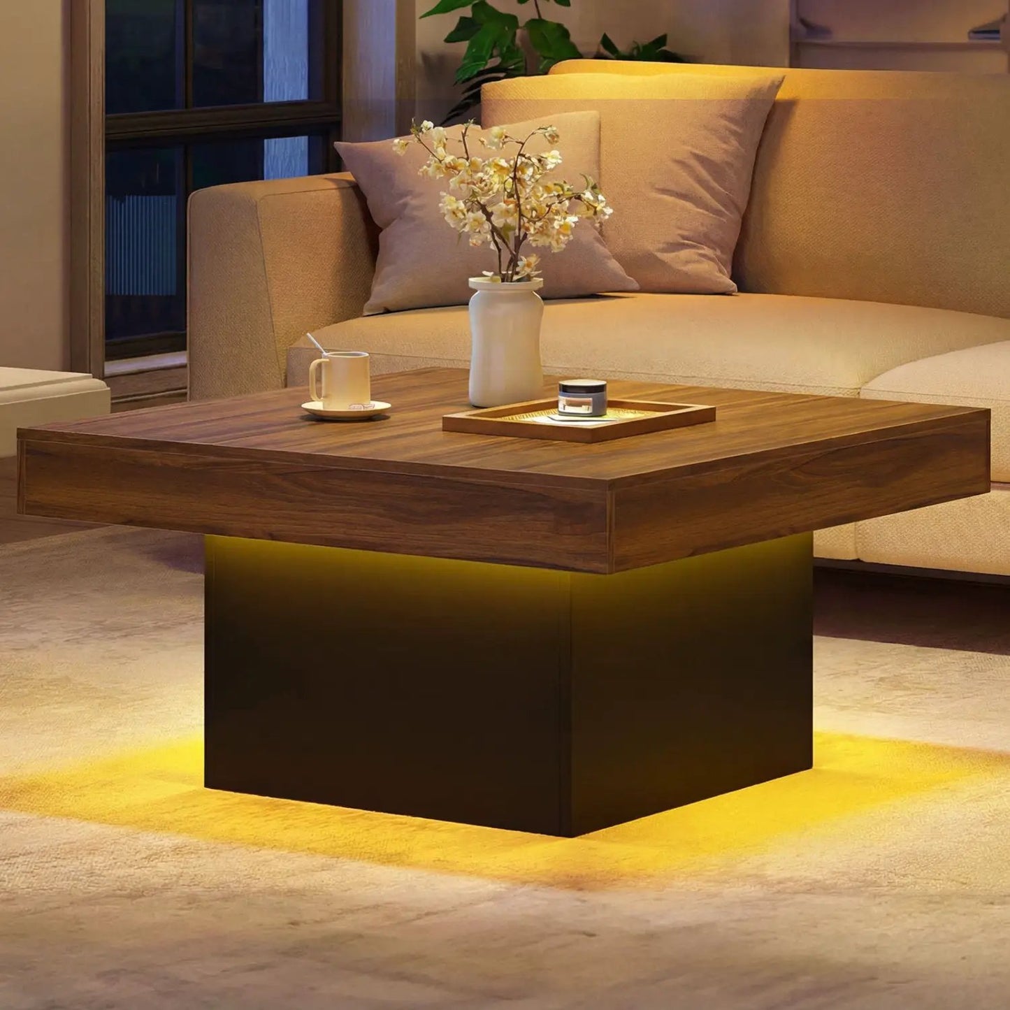 Coffee Table with LED Lights and Dynamic Modes, dark wood finish, modern square design on Tampa Home & Garden Store