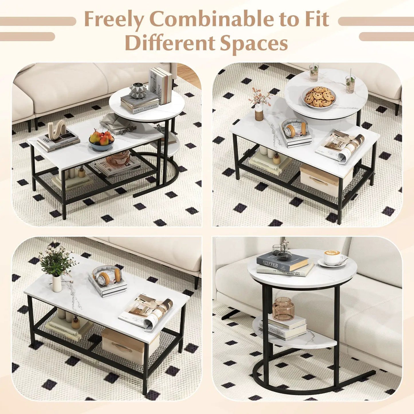 DirectDeals 2-Tier Coffee Table and Side Table with Storage, white top, black metal frame on Tampa Home & Garden Store
