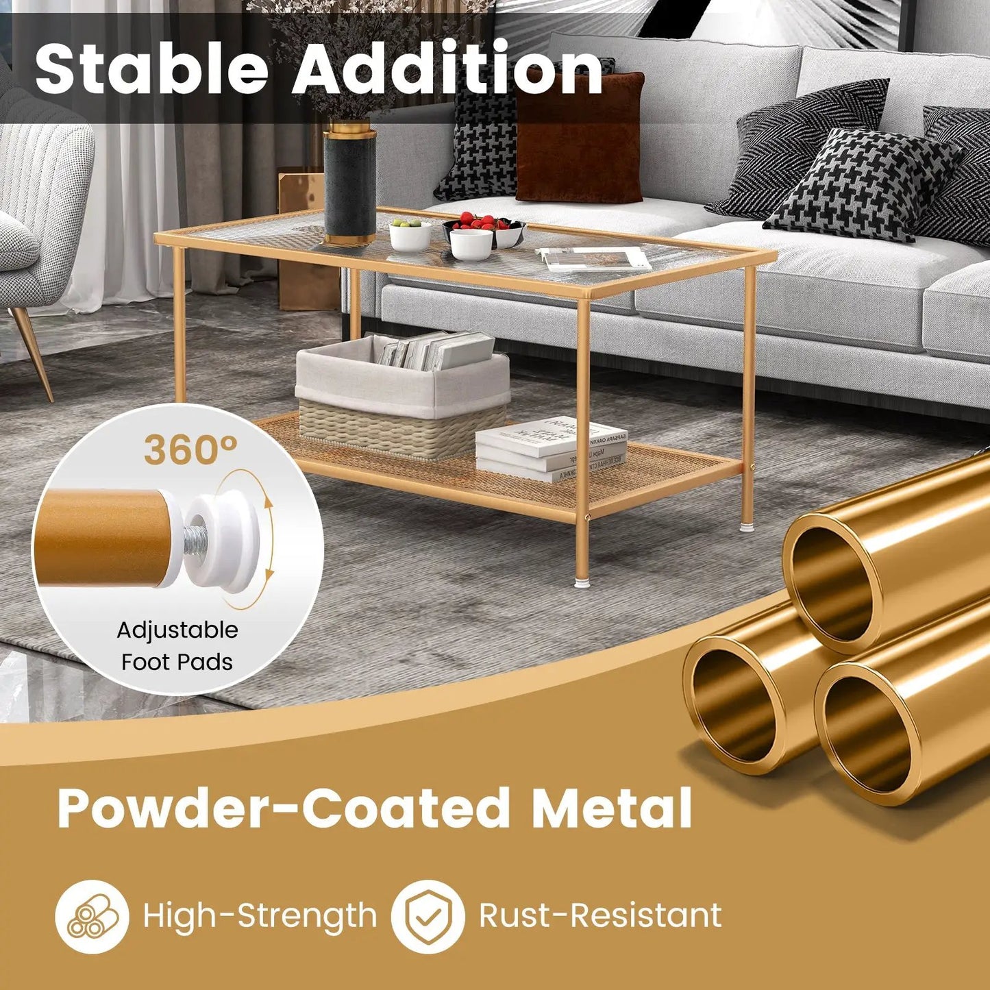 Two-Tier coffee table with tempered glass top and golden powder-coated metal frame, lower shelf on Tampa Home & Garden Store