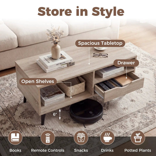 Rustic coffee table with storage, open shelves and drawer in light wood on Tampa Home & Garden Store