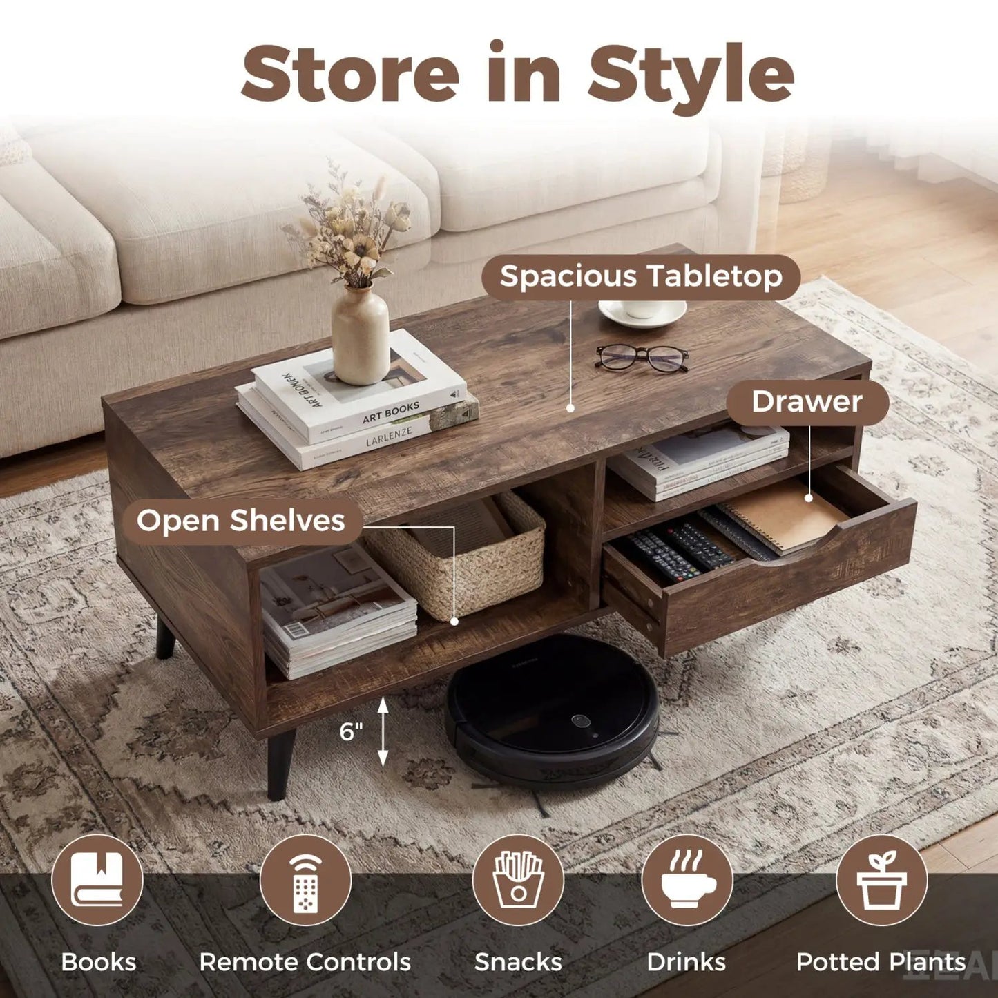 Rustic coffee table with storage in dark wood finish, shelves and a drawer by DirectDeals on Tampa Home & Garden Store