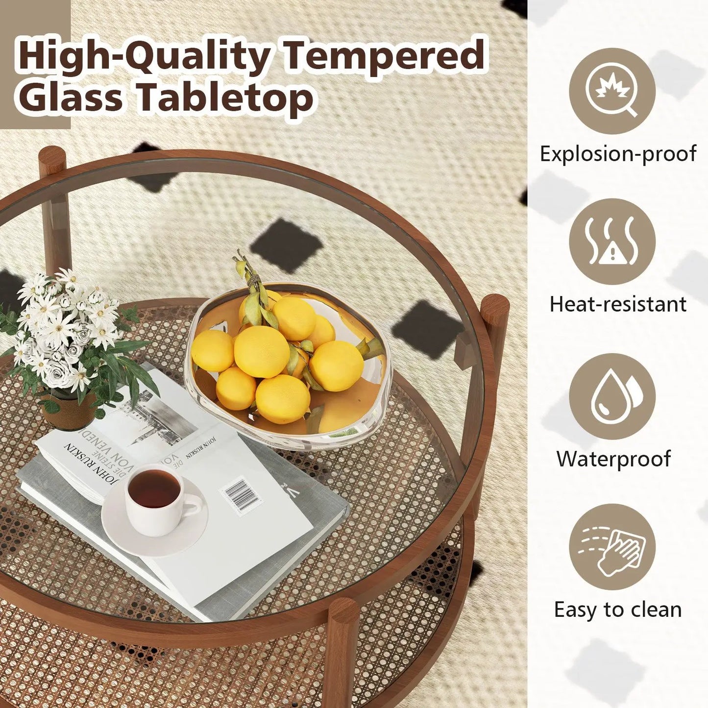DirectDeals 31 Inch 2-Tier Round Glass Top Coffee Table with frame and mesh shelf lemon bowl on Tampa Home & Garden Store