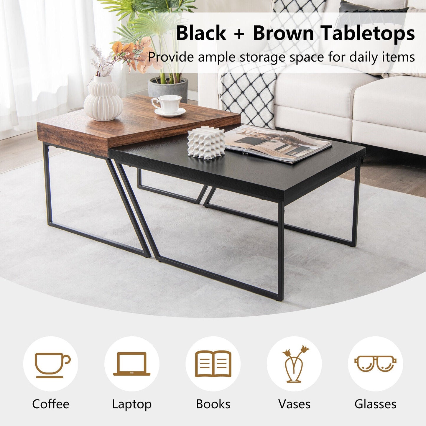 Coffee table set of 2 with powder coated metal legs; wood and black tops in modern living room on Tampa Home & Garden Store