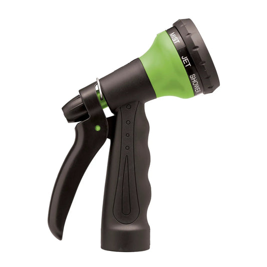 Garden hose nozzle, green coil design, Orbit Irrigation with 8 spray patterns, black grip on Tampa Home & Garden Store