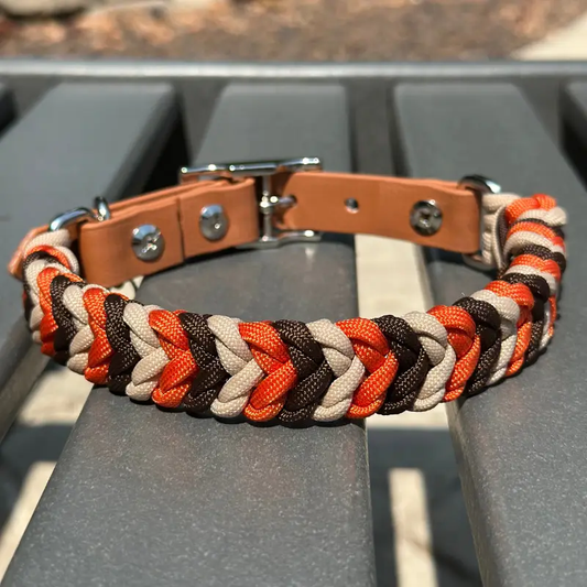 Coiled Charm Hand Braided Dog Collar Burnt Orange & tan on leather strap Pawsh Pup Co on Tampa Home & Garden Store