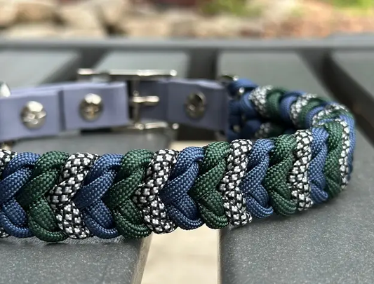 Coiled Charm Hand Braided Dog Collar Navy emerald with silver accents Pawsh Pup Co on Tampa Home & Garden Store