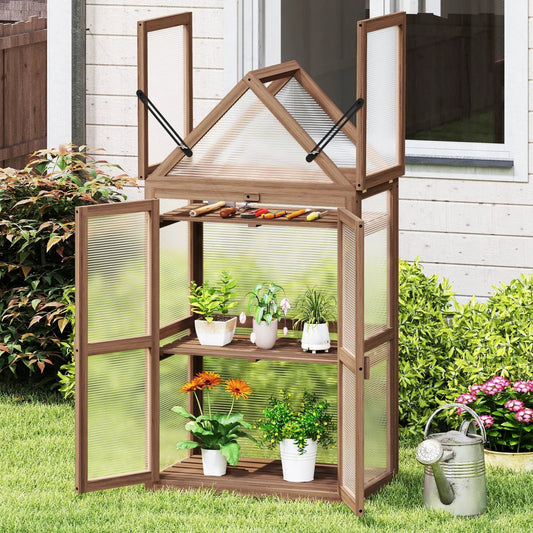 Mini wooden cold frame greenhouse in brown with ribbed translucent panels and open doors for plants on Tampa Home & Garden Store