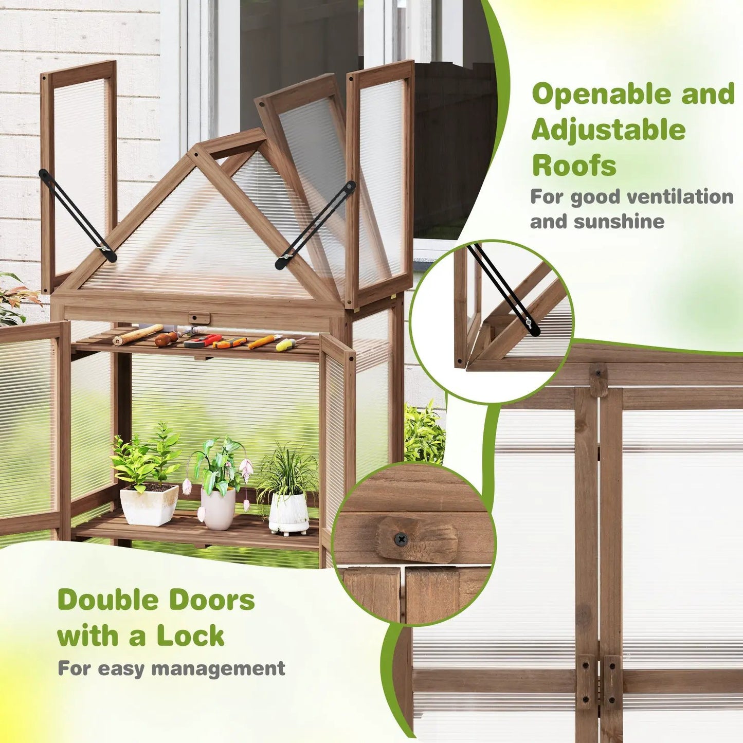 Mini wooden cold frame greenhouse with openable adjustable roof and double doors by DirectDeals on Tampa Home & Garden Store