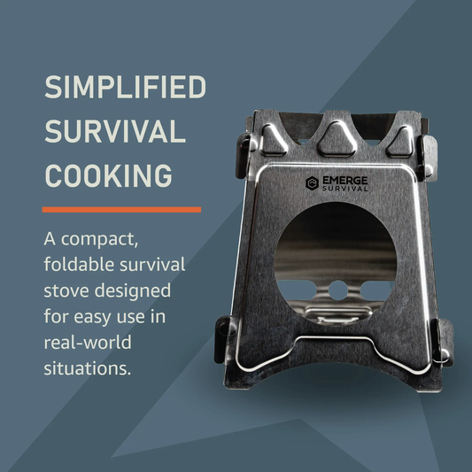 Collapsible mini stove for survival cooking, brushed stainless steel, Emerge Survival branding on Tampa Home & Garden Store