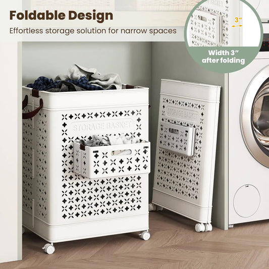 Collapsible 20 Gallon White Laundry Basket on wheels with perforated lattice pattern DirectDeals on Tampa Home & Garden Store