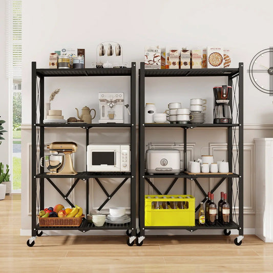 Pair of four-tier foldable black steel shelves on wheels with kitchenware and pantry items on Tampa Home & Garden Store