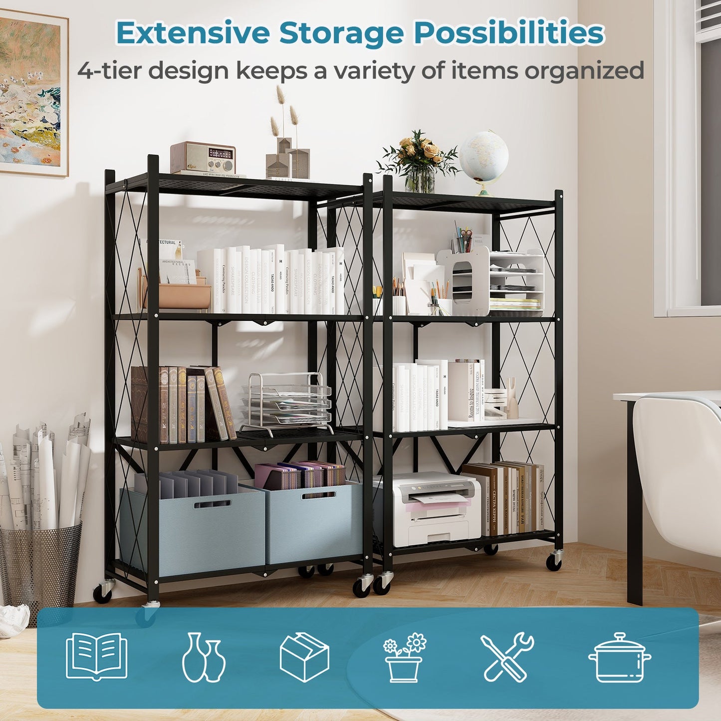 Two black metal 4-tier foldable storage shelves on wheels with lattice sides on Tampa Home & Garden Store