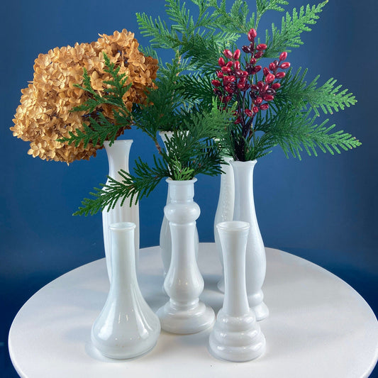 Collection of Milk Glass Vases. Set of Seven. Varying Shapes and Sizes. Contemporary Designs. White Kitchen, Dining, or Living Room Decor. - Tampa Home & Garden Store