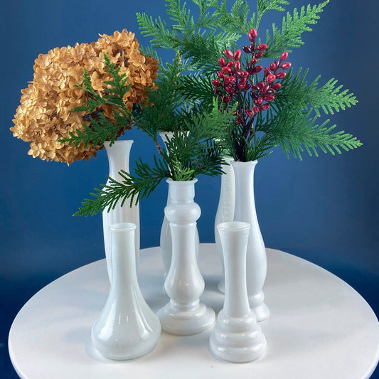 Collection of Milk Glass Vases. Set of Seven. Varying Shapes and Sizes. Contemporary Designs. White Kitchen, Dining, or Living Room Decor. - Tampa Home & Garden Store