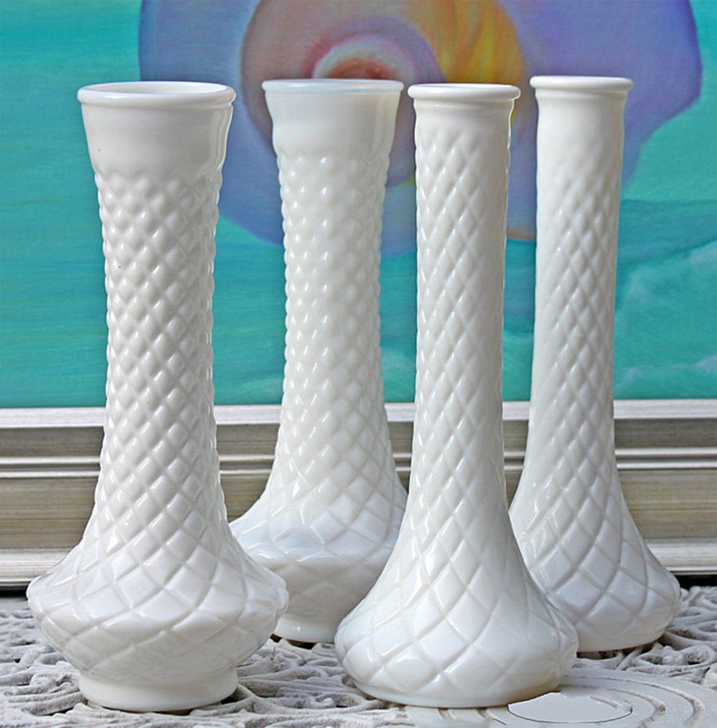 Collection of Milk Glass Vases. Set of Seven. Varying Shapes and Sizes. Contemporary Designs. White Kitchen, Dining, or Living Room Decor. - Tampa Home & Garden Store