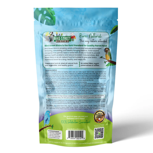 Colorado Green Harvest Parrot Food Mix by Bird Street Bistro, blue package with parrot artwork on Tampa Home & Garden Store