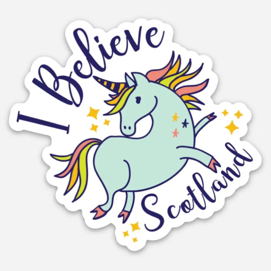 Unicorn sticker light blue with rainbow mane and stars, I Believe Scotland by Thistle & Stitch on Tampa Home & Garden Store