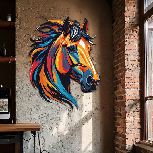 Colorful horse head metal wall art with vibrant mane, UV printed by Enova Art on Tampa Home & Garden Store