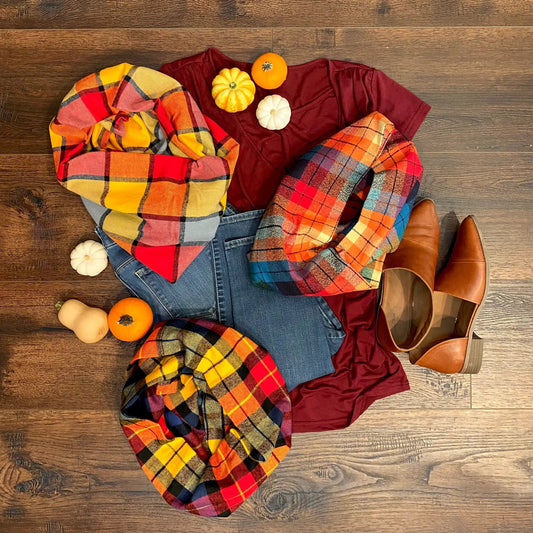 Scarf set of 2: Thistle & Stitch plaid flannel scarves in yellow and burgundy on Tampa Home & Garden Store