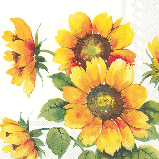 Sunflowers cocktail napkins by The Country Christmas Loft with yellow petals and green leaves on Tampa Home & Garden Store