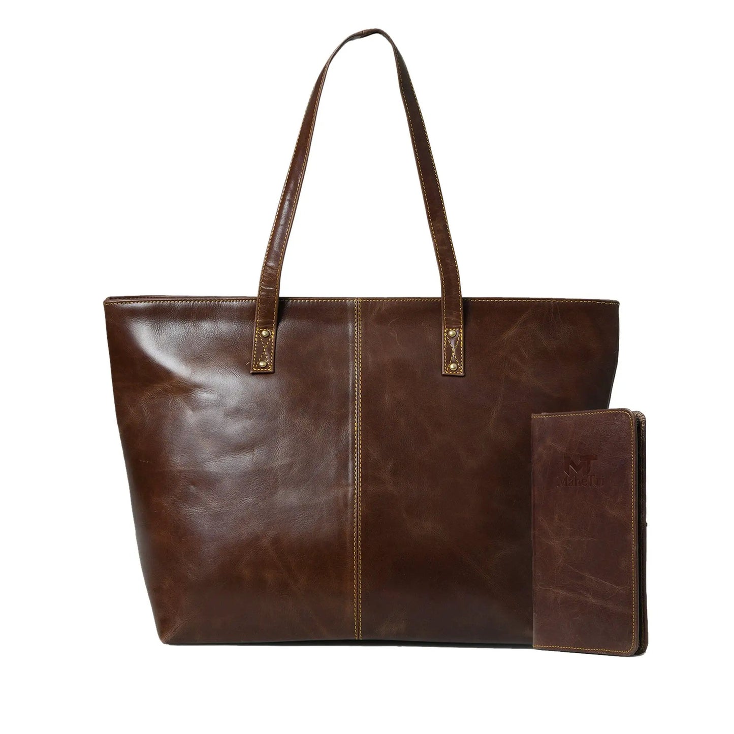 Kim and Blair Combo Tote and Clutch leather handbag dark brown with double top handles on Tampa Home & Garden Store