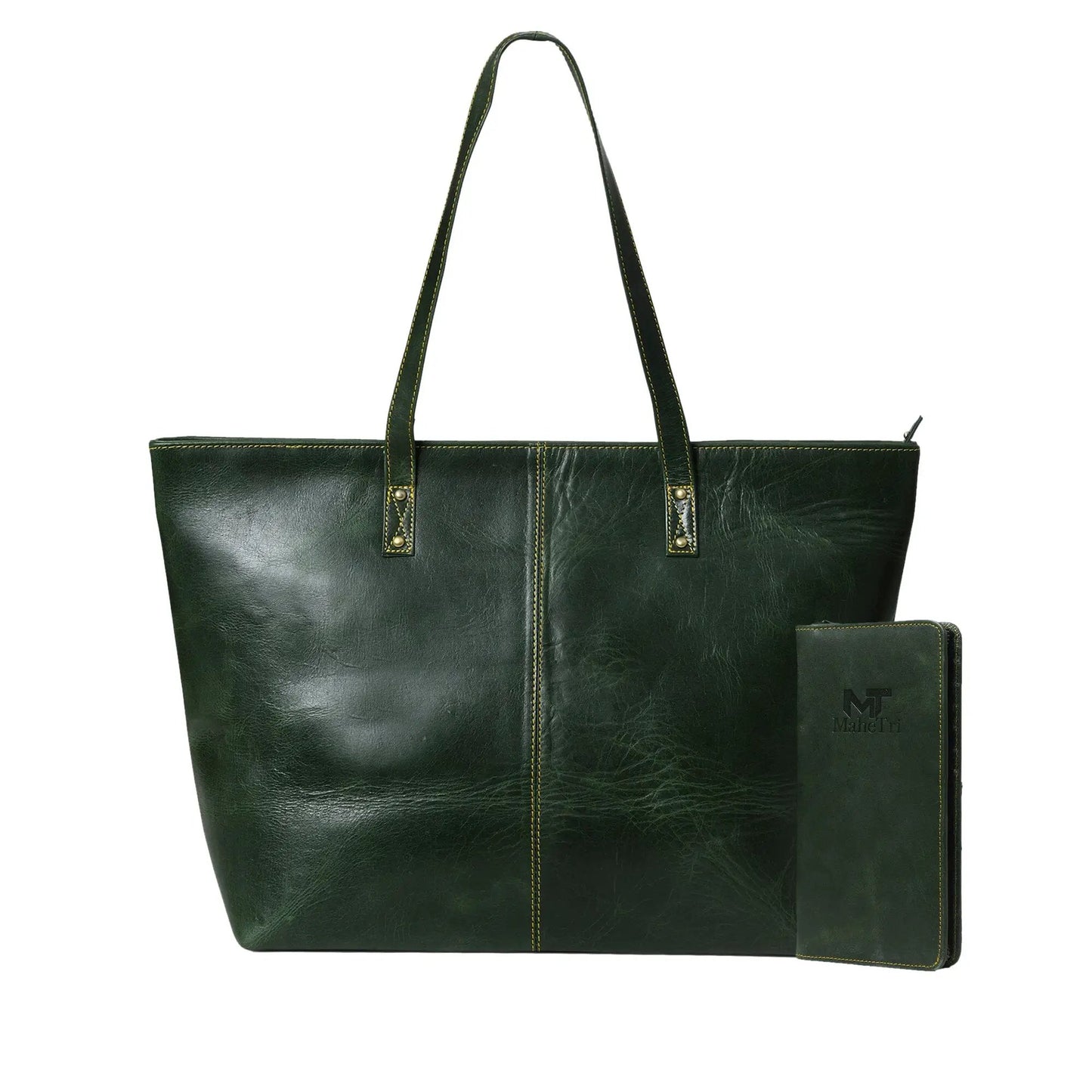 Kim and Blair green tote and clutch set by Classy Leather Bags; tote with yellow stitches on Tampa Home & Garden Store