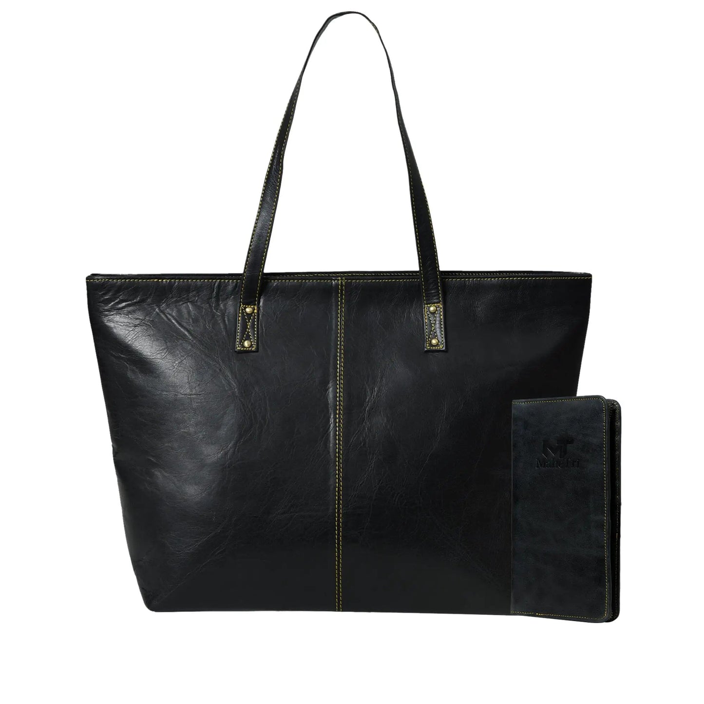 Kim Tote and Blair Clutch set in black leather with yellow stitching by Classy Leather Bags on Tampa Home & Garden Store
