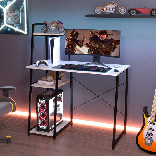 Compact white desk with black frame and 4-tier shelves, monitor, keyboard, PC tower nearby on Tampa Home & Garden Store