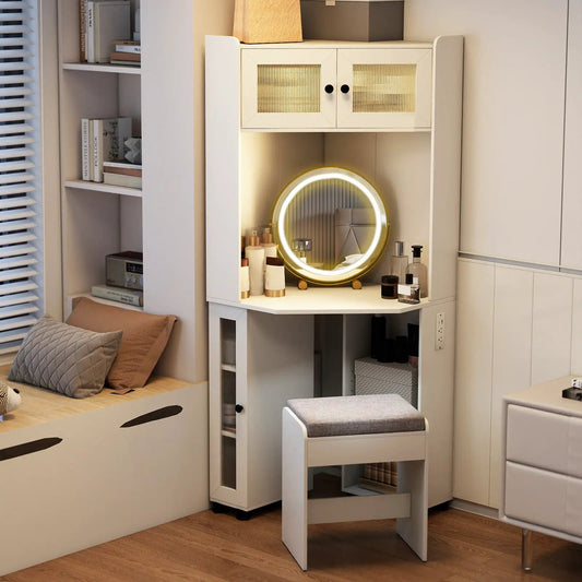 Compact Dressing Corner Vanity Desk with white finish, built-in mirror and LED ring light on Tampa Home & Garden Store