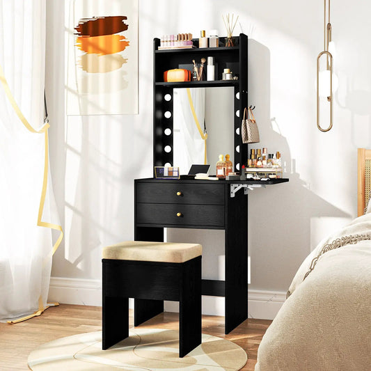 Compact black vanity desk set with three-color lighted mirror and power outlets on Tampa Home & Garden Store