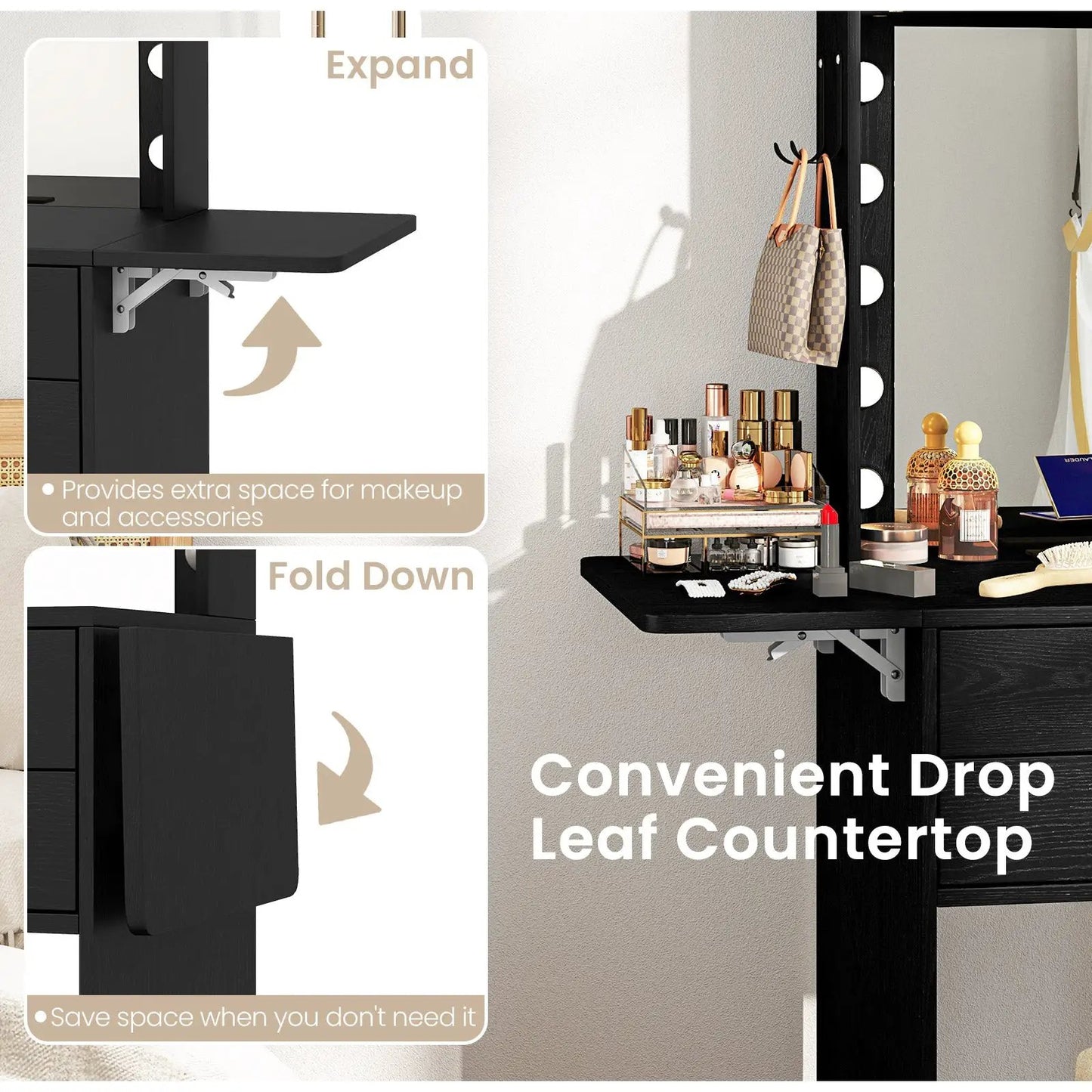 Compact vanity desk set by DirectDeals with three-color lighted mirror and makeup on countertop on Tampa Home & Garden Store