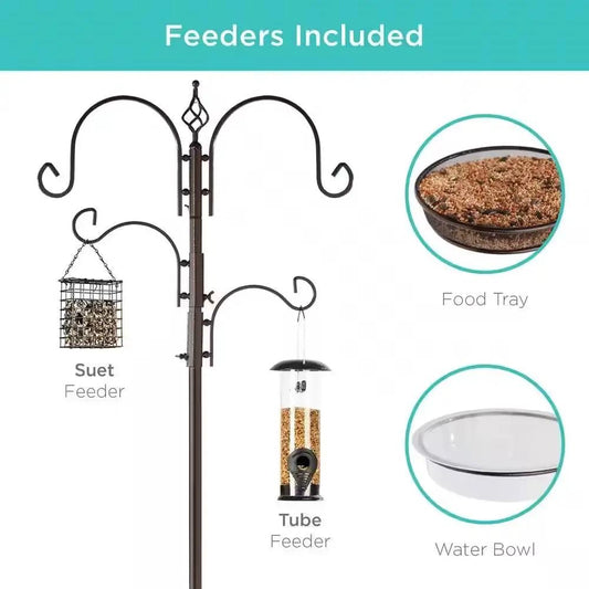 Complete Bird Feeder Set with bronze metal stand and tray: suet feeder, tube feeder, water bowl on Tampa Home & Garden Store