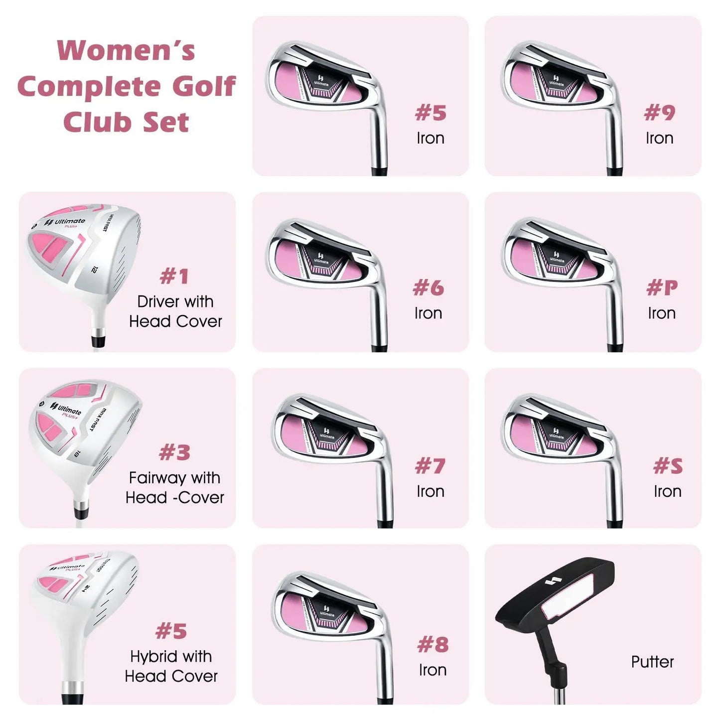 Women's Complete Golf Club Set with Rain Hood by DirectDeals, irons 5–9 & P, driver with head cover and putter on Tampa Home & Garden Store