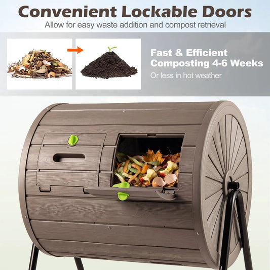 Large 37.5 gallon compost tumbler brown with curved lid and green latch handles on black legs on Tampa Home & Garden Store