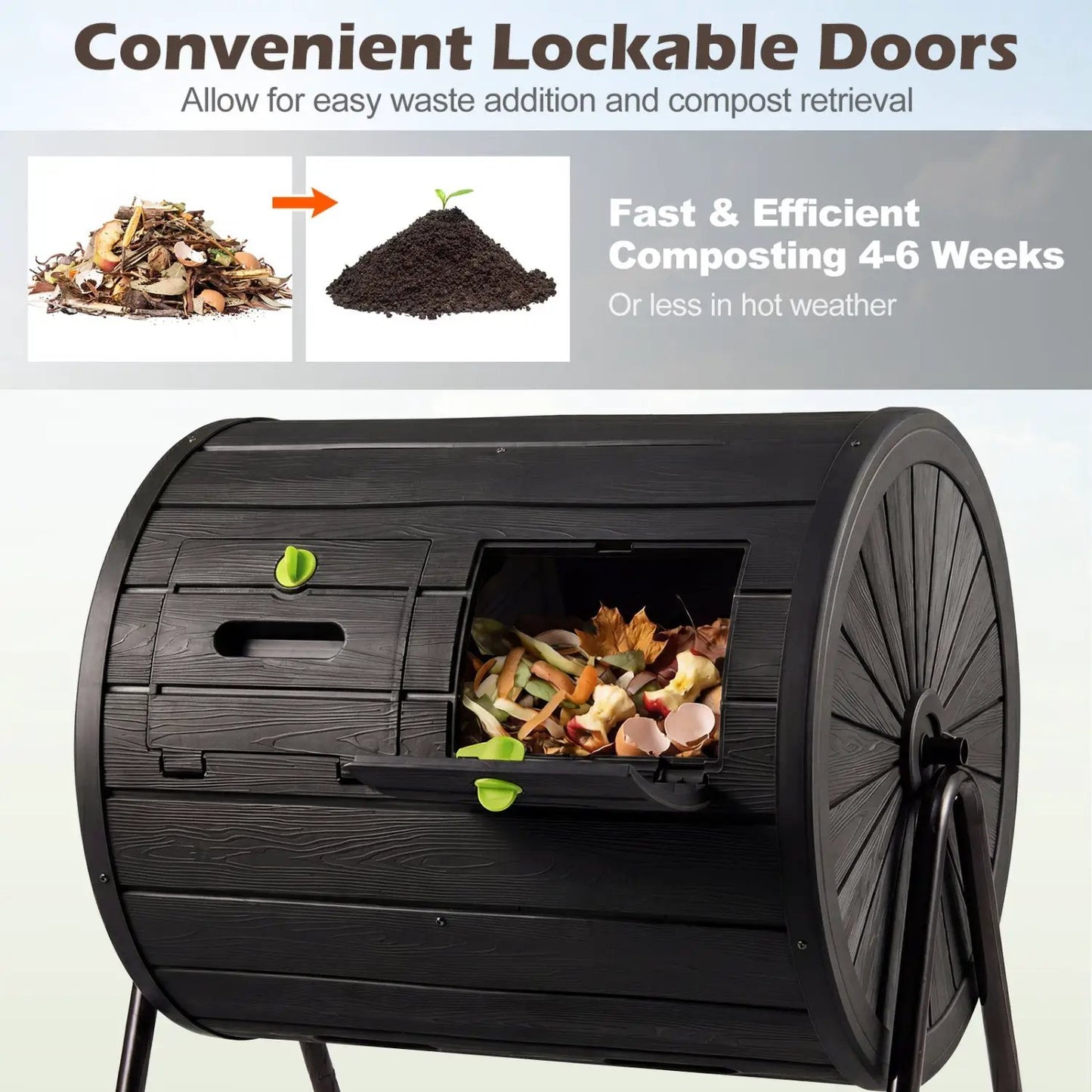 DirectDeals Large 37.5-Gallon Compost Tumbler black bin with green latches open front hatch on Tampa Home & Garden Store