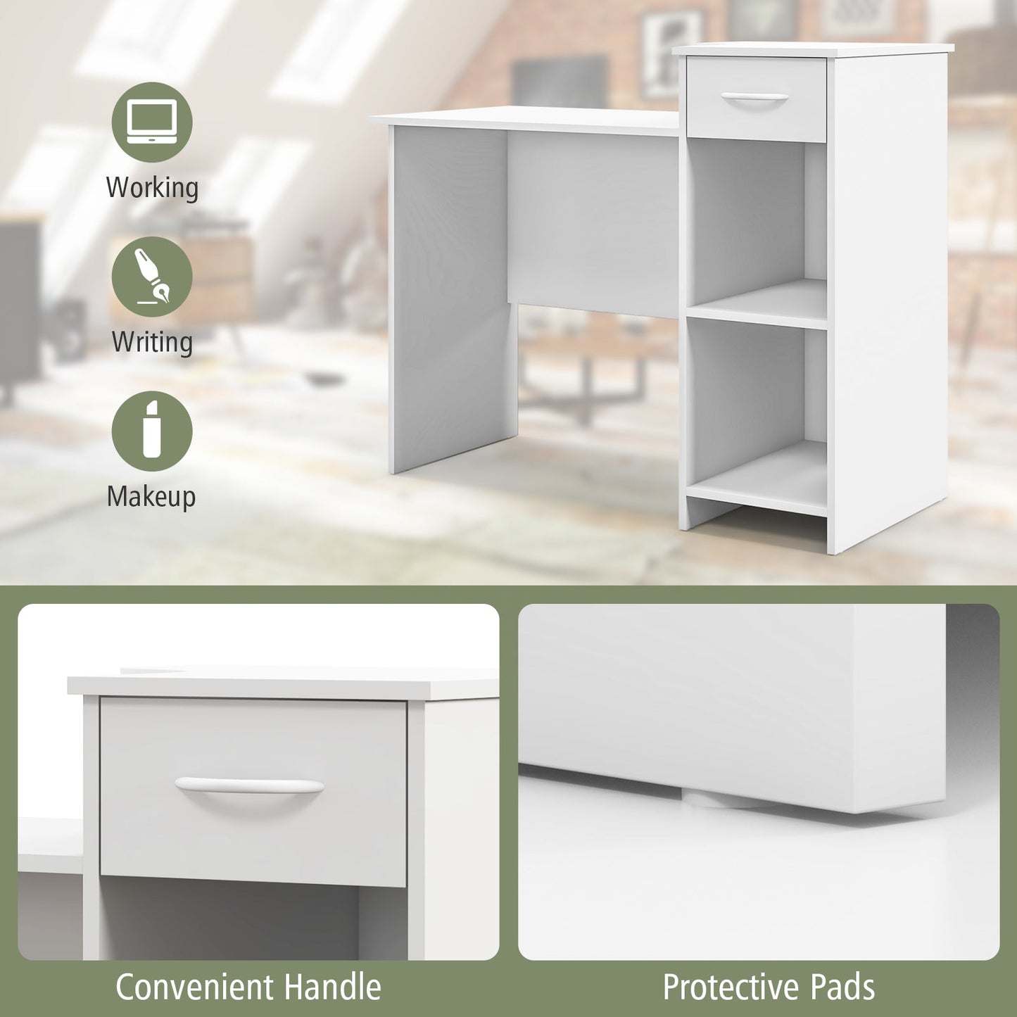 Escritorio de ordenador moderno para portátil con estante ajustable y orificio para cables - Blanco