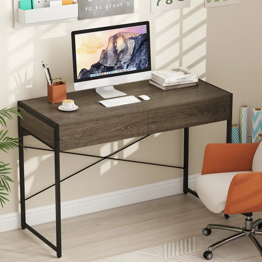Oak finish computer desk with 2 drawers and black metal frame, 44 inch on Tampa Home & Garden Store