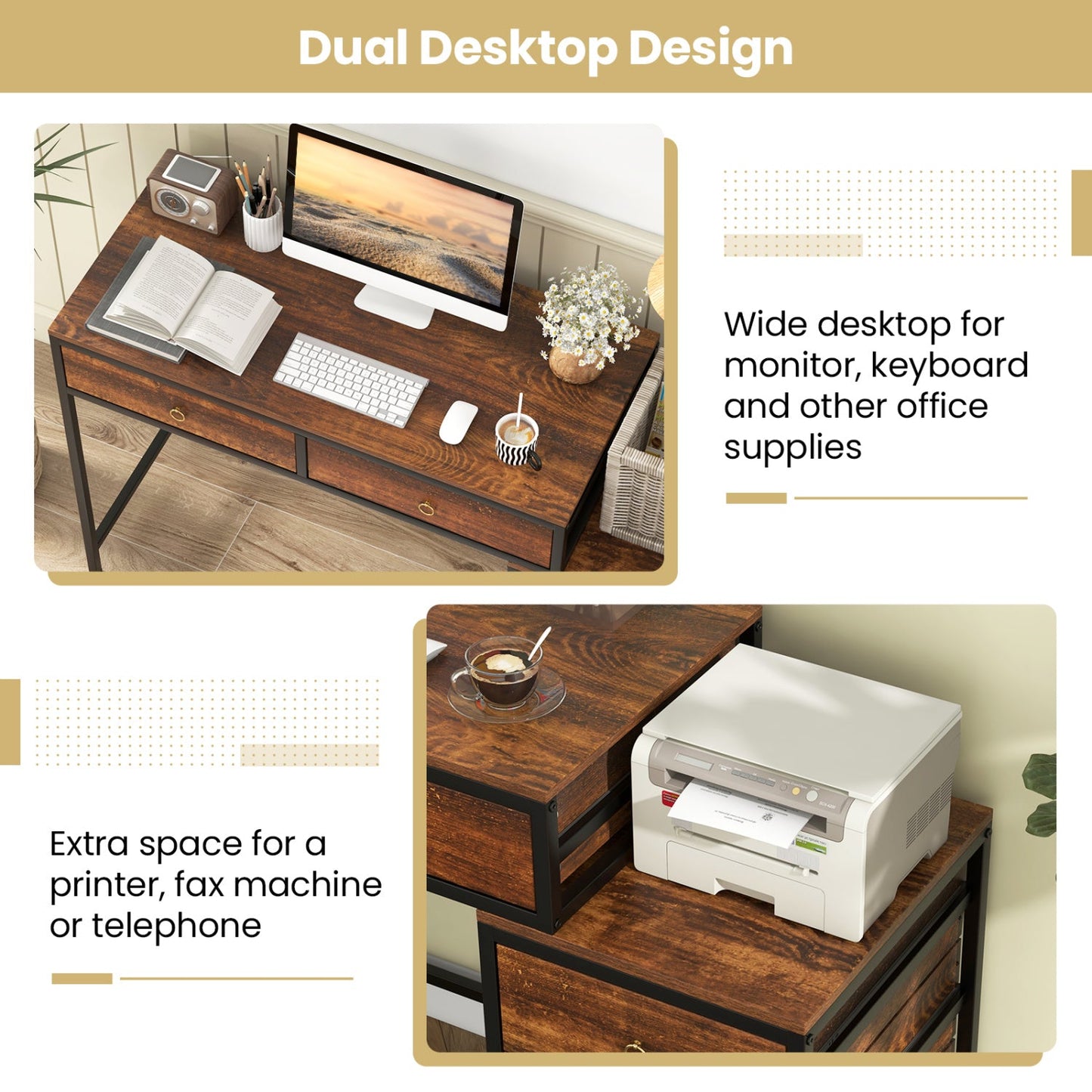 Computer desk DirectDeals in dark wood with 5 drawers and side file cabinet, black metal frame on Tampa Home & Garden Store
