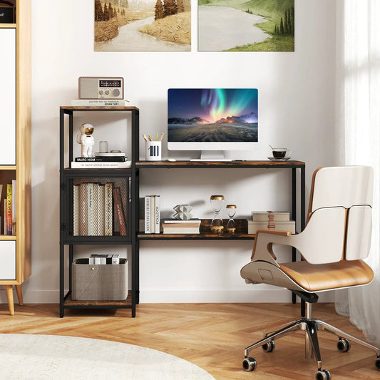 Rustic Brown Computer Desk with Bookshelf; dark wood top, black metal frame, monitor on Tampa Home & Garden Store