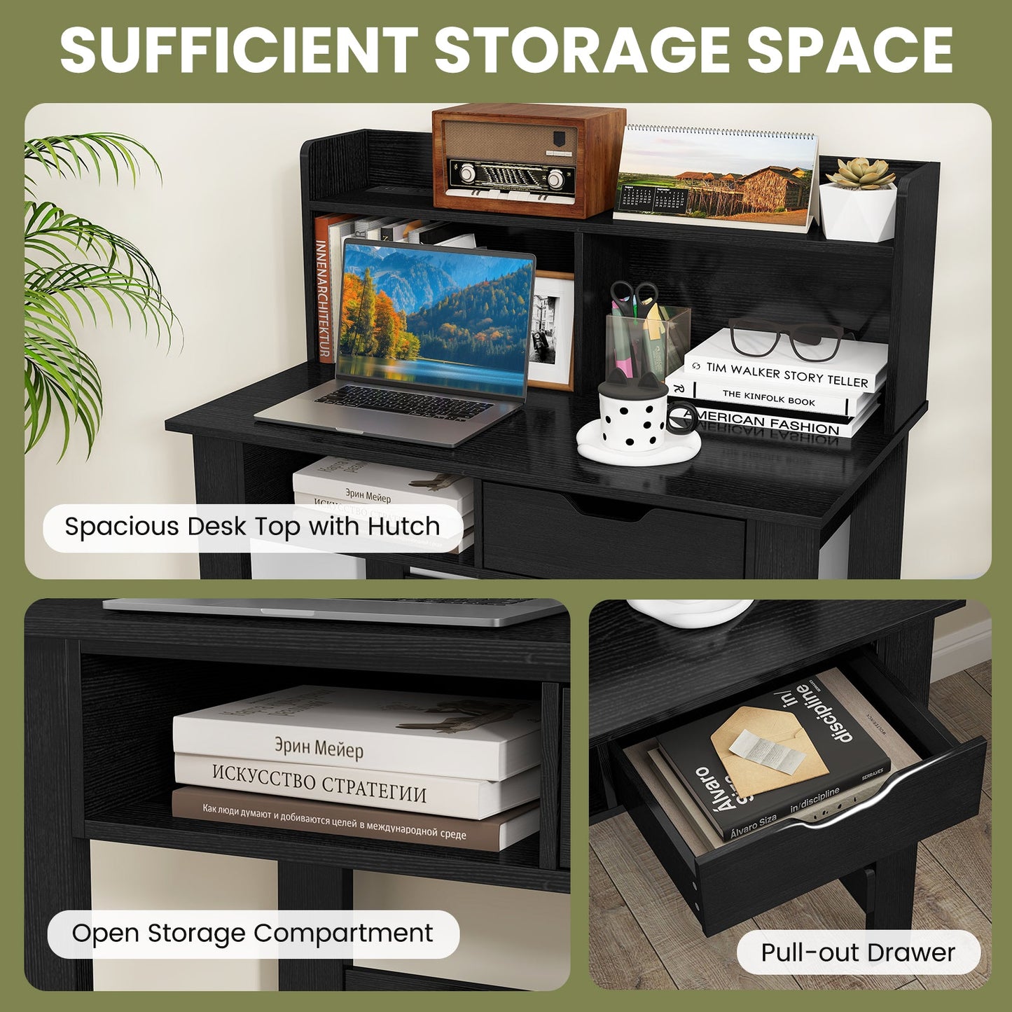 Computer desk by DirectDeals, black with power outlets and USB-C, hutch and pull-out drawer on Tampa Home & Garden Store