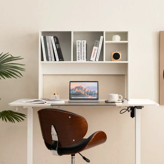 Computer Desktop Bookcase With Four Cubbies, white modular shelf over a desk with books on Tampa Home & Garden Store
