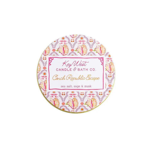 Conch Republic Escape travel tin candle pink patterned lid sea salt sage & musk Key West Candle & Bath Co on Tampa Home & Garden Store