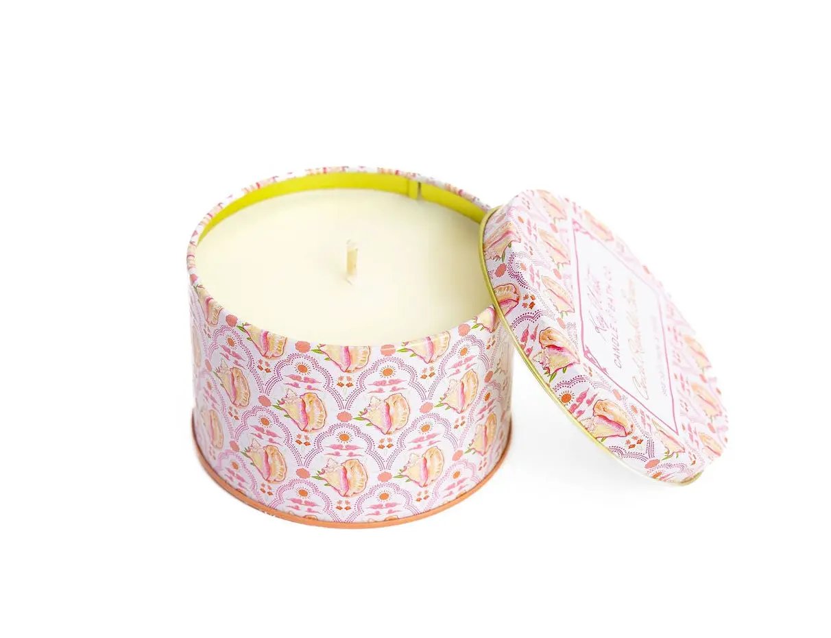 Conch Republic Escape Travel Tin Candle Sea Salt pink patterned wrap white wax Key West Candle & Bath Co on Tampa Home & Garden Store