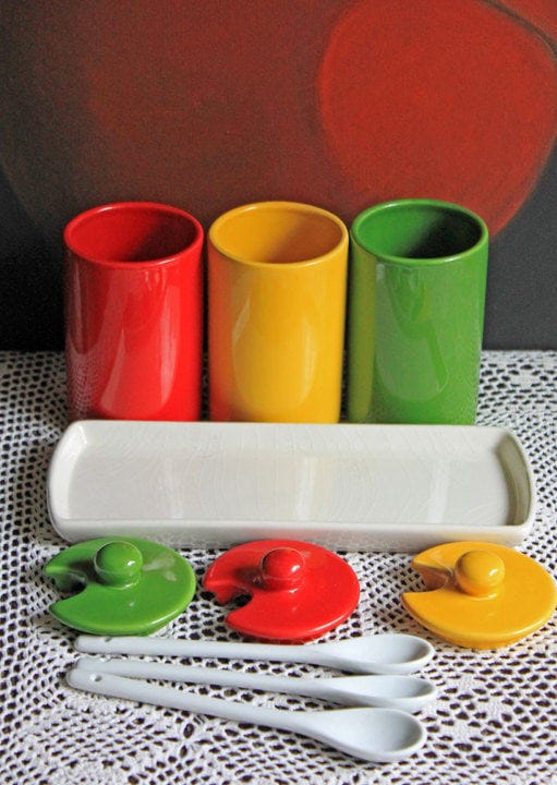 Condiment Jars with Lids , Spoons , and Tray. Containers for Serving Jam, Honey , or Ketchup. Modern Porcelain Kitchen Containers on Tray. - Tampa Home & Garden Store