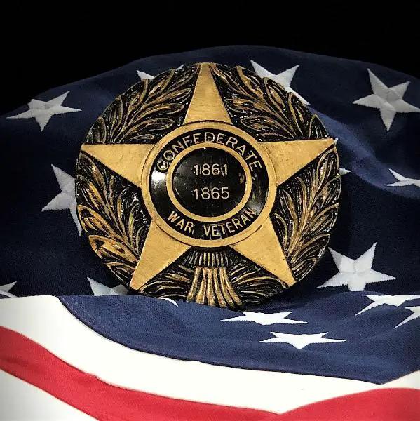 Grave Marker Confederate War Veteran medallion with gold star & laurel on flag background on Tampa Home & Garden Store
